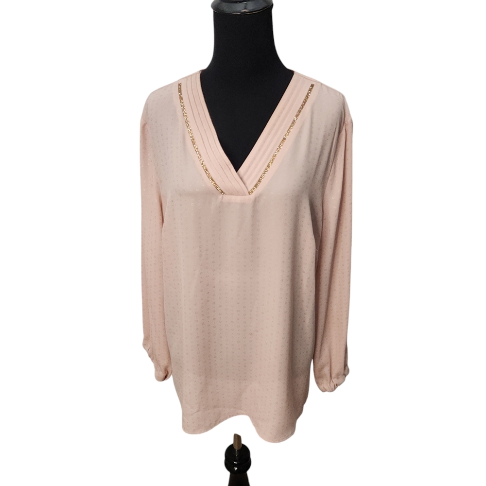 Liz Claiborne‎ Pale Pink Glittery Trim V Neck Long Sleeve Top  Size Large